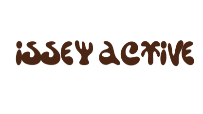 Brown text 'issey active' on a white background
